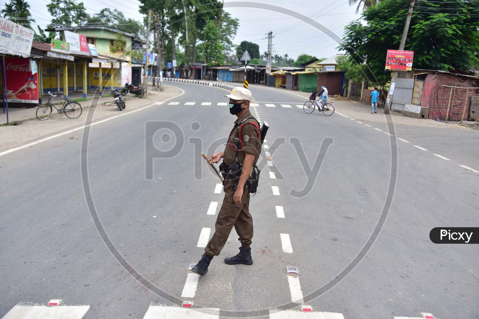 Security personnel patrolling the roads during the lockdown imposed by the Assam government to control the spread of coronavirus in Nagaon, Assam on July 04, 2020