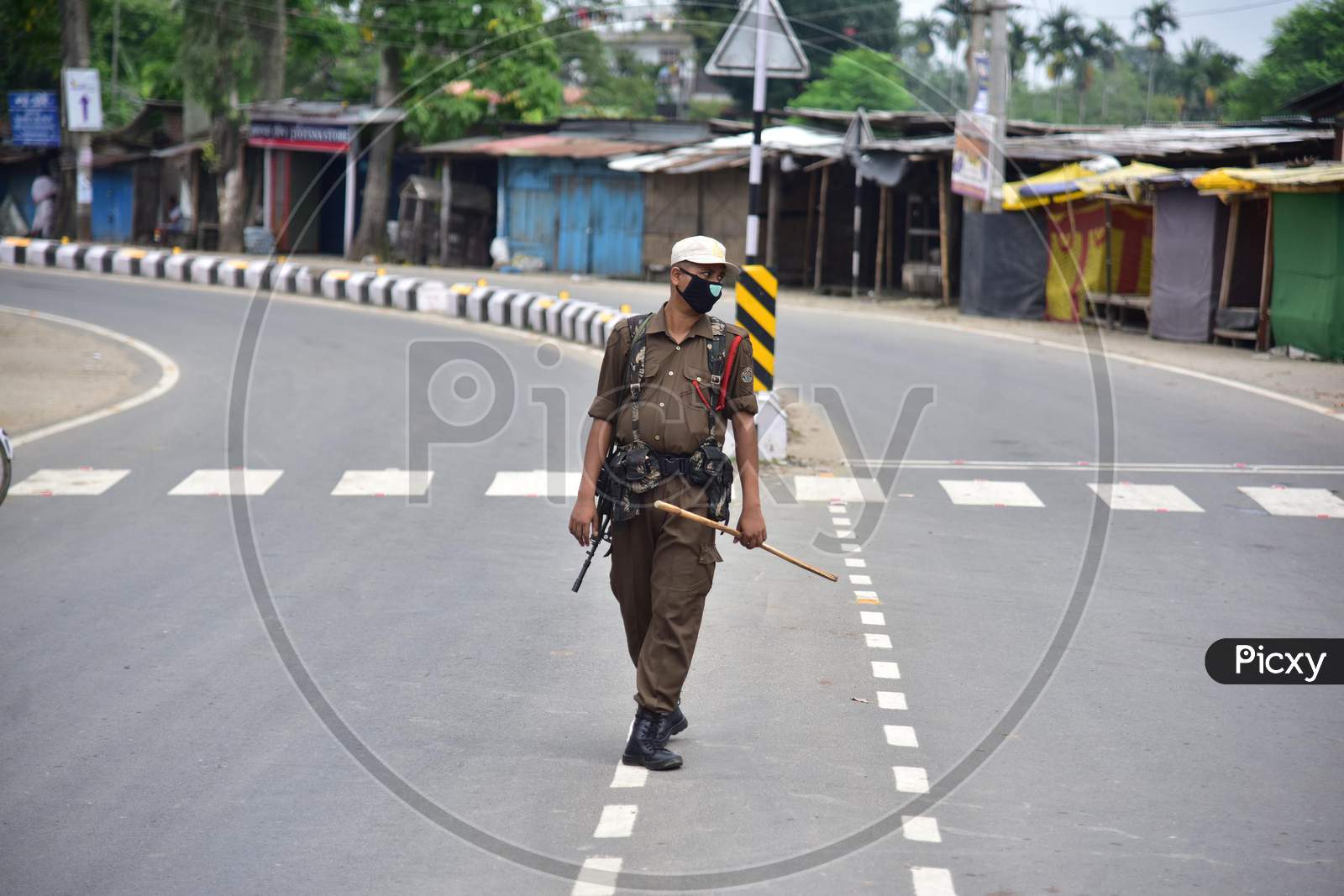 Security personnel patrolling the roads during the lockdown imposed by the Assam government to control the spread of coronavirus in Nagaon, Assam on July 04, 2020