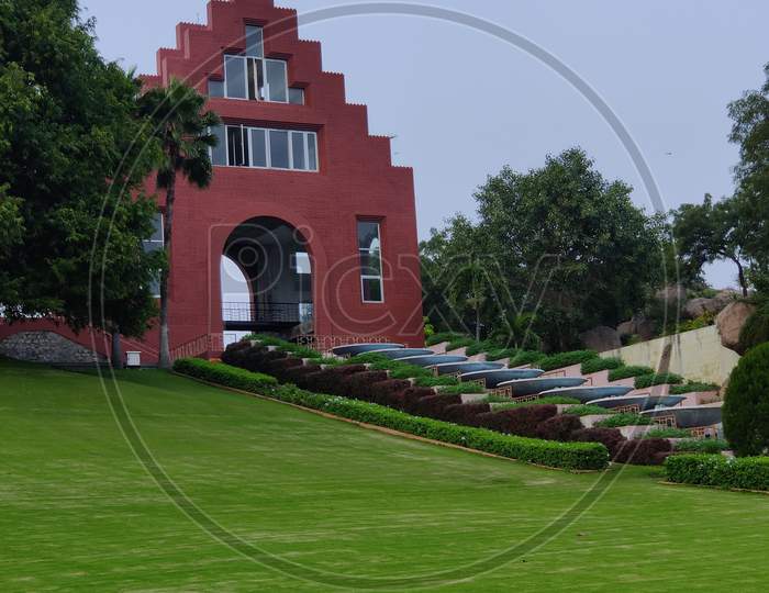 Great architecture arch in green park in Ramoji film city