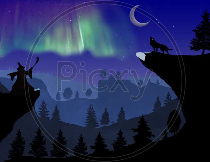 Night Scenery , Wolf Howling At The Moon And Wizard Creating Aurora In Night Sky Beside Moon And Forest