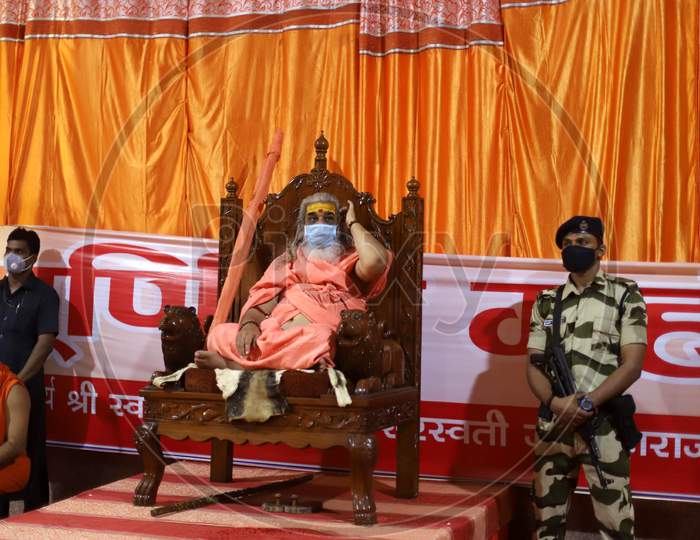 Swami Vasudevanand Saraswati arrives on the occasion of Guru Purnima to bless his followers in Prayagraj, Uttar Pradesh on July 07, 2020