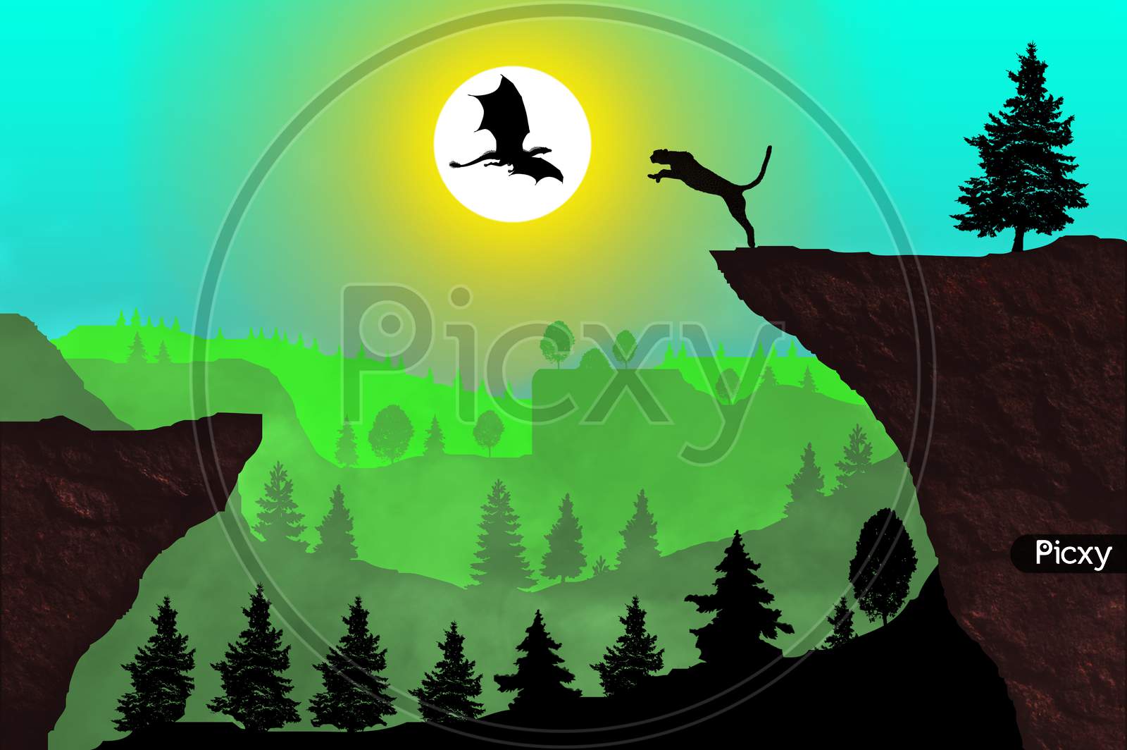 Green Scenery Of Forest , Mountains , Sun And A Leopard Jumping On Flying Dragon Under Blue Sky
