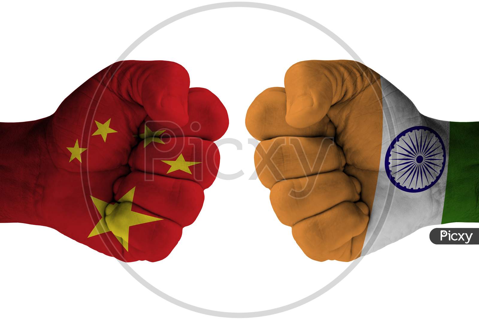 Conflict and tension between India and China on the border, male fists with India flag painted on skin - fight and conflict between two countries concept