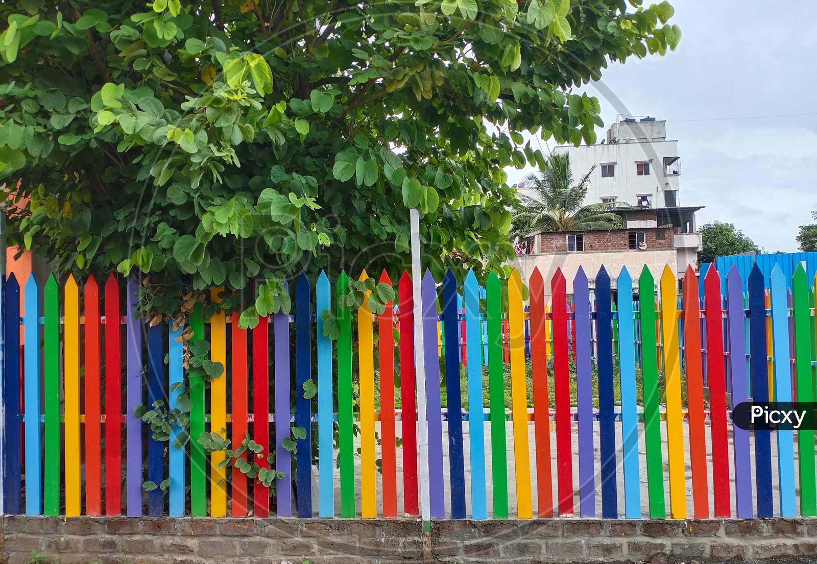 Colorful wooden fence of school playground