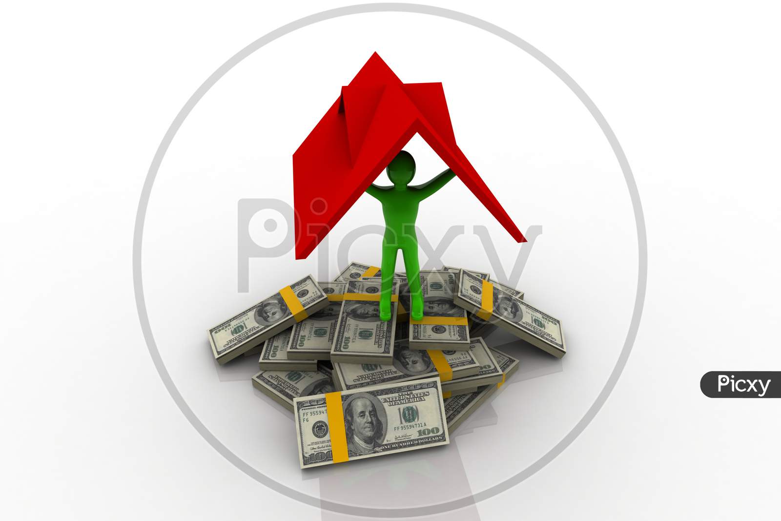 A Man Standing on a Dollar Currency Notes and under a House