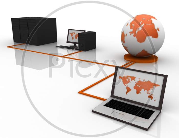 Laptop and Computers connected to Globe and Database