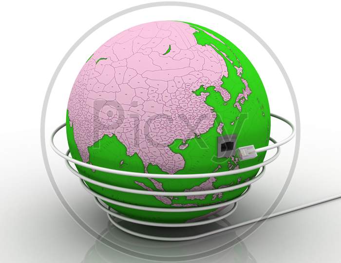 A Globe surrounded with Ethernet Cable Isolated with White Background