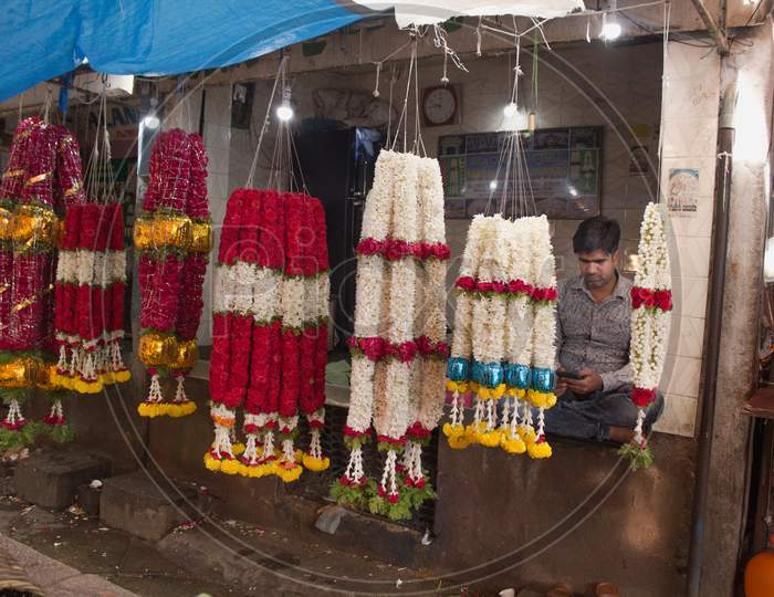 Fresh Flower garlands in Flower Market in Mysore/Karnataka/India.