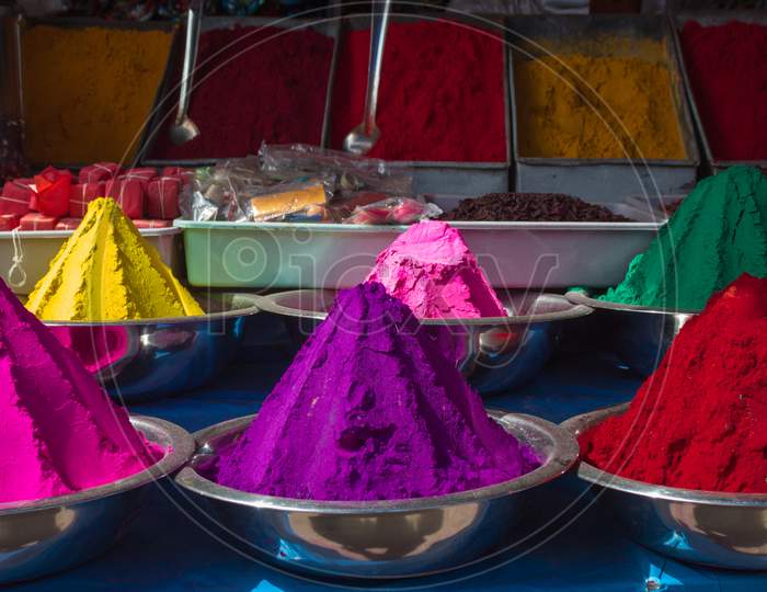 Powdered colors at Mysore Market in Karnataka/India.