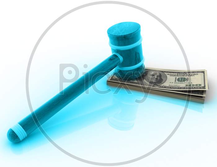 wooden gavel on Dollar Currency Notes
