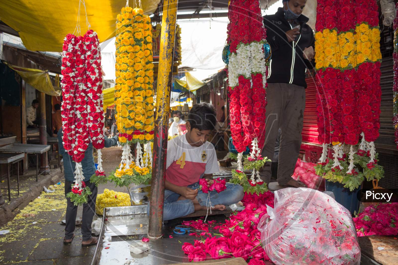 Flower garlands in Mysore Market in Karnataka/India.