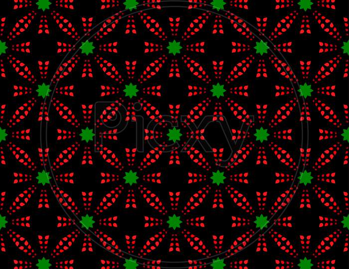 Red Pattern With Green Stars On Black Seamless Background.