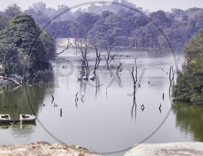 A Nature Scenic View Of A Lake In A Park Located In Hauz Khas , South Delhi - India