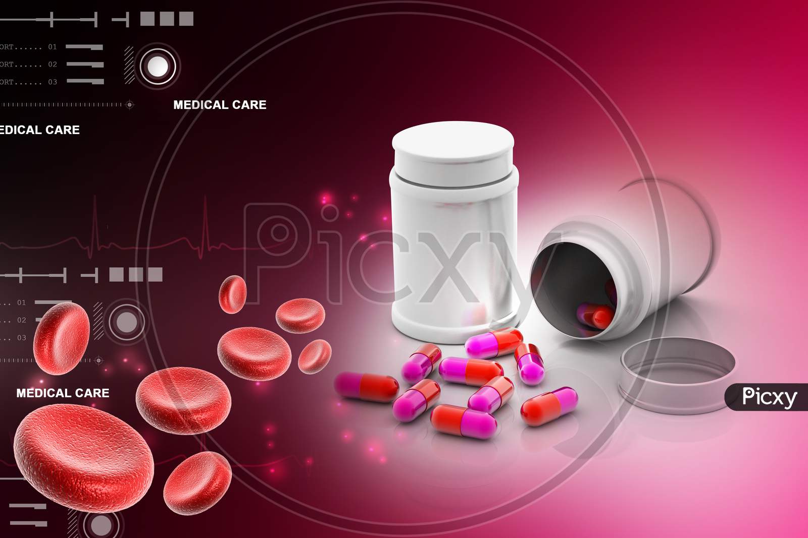 Pills Box with Pills and Blood Cells in the Foreground