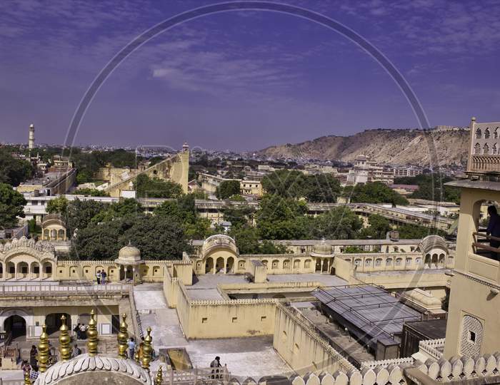 Wide Angle Roof Top Photo Of Palace Located In Jaipur City Rajasthan, India