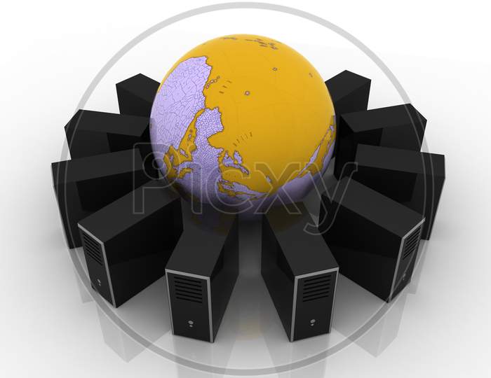 A Globe with CPU's Around