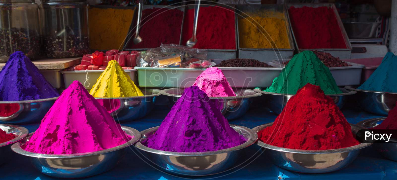 Powdered colors at Mysore Market in Karnataka/India.
