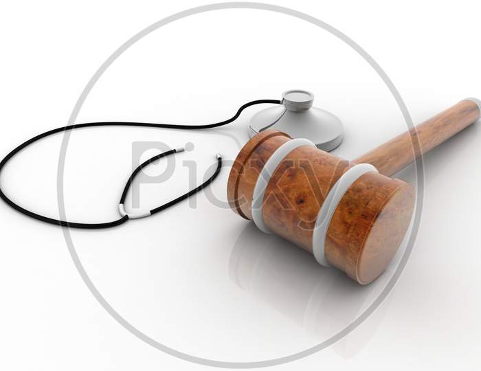 A Wooden Gavel with Stethoscope on White Background
