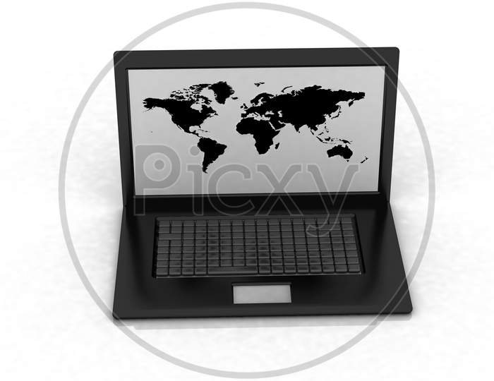 A Laptop with World Map on Screen