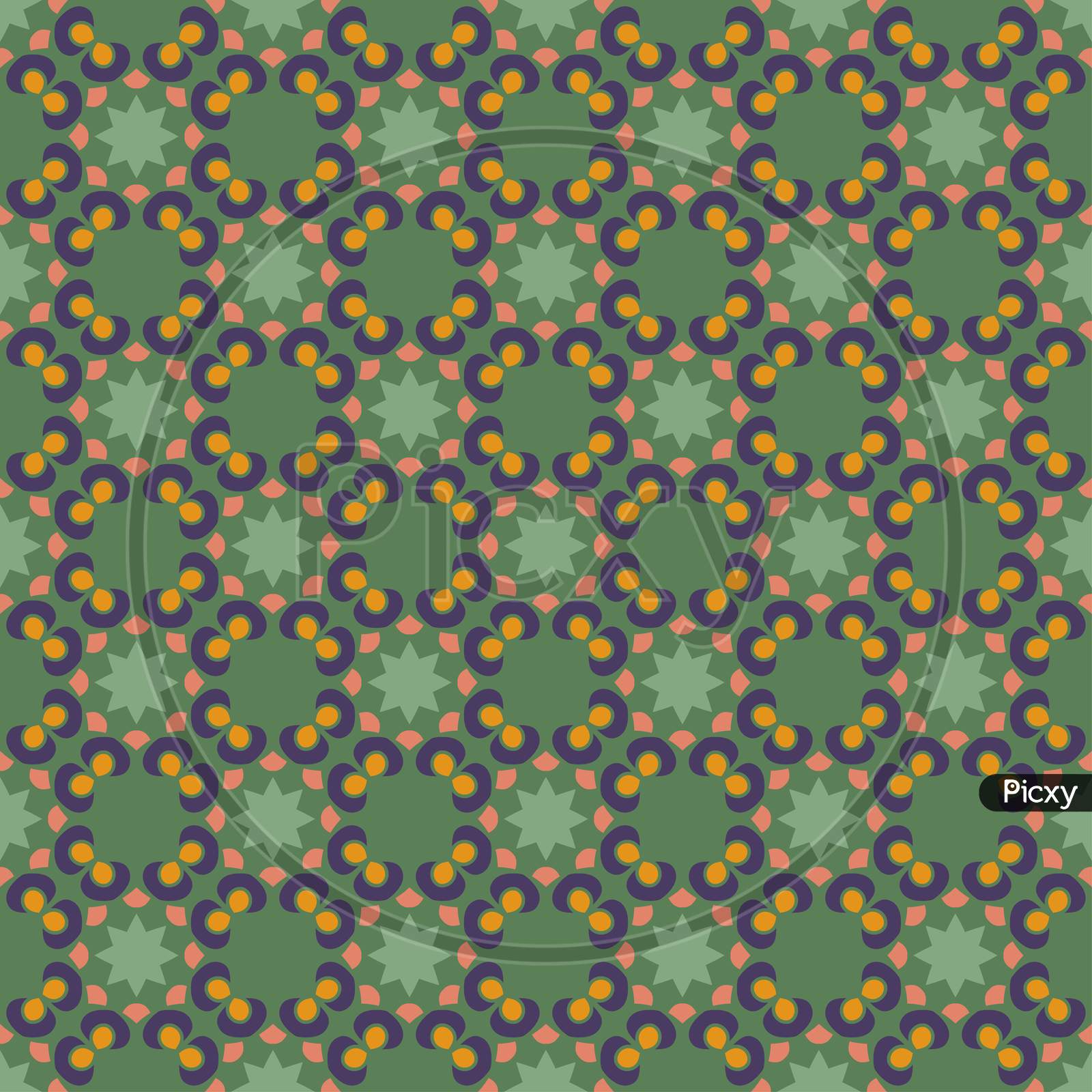 Floral Seamless Pattern On Green Backdrop.