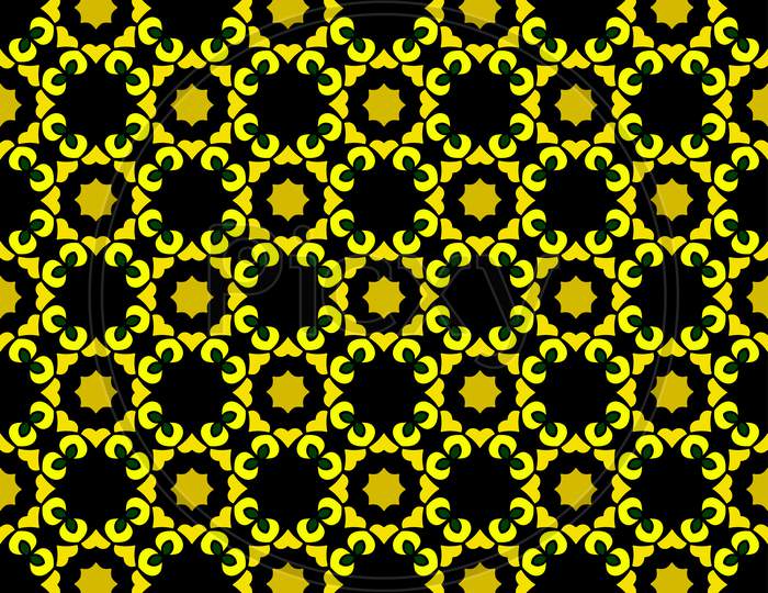 Yellow Pattern On Black Seamless Design Backdrop.