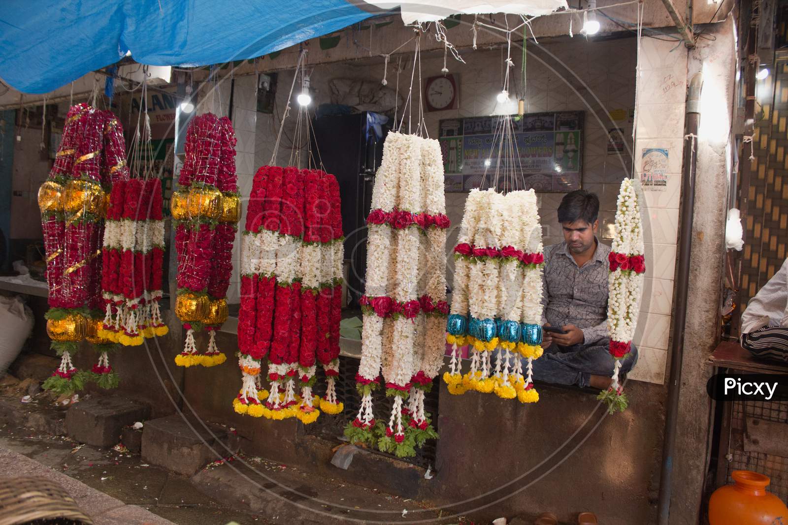 Fresh Flower garlands in Flower Market in Mysore/Karnataka/India.