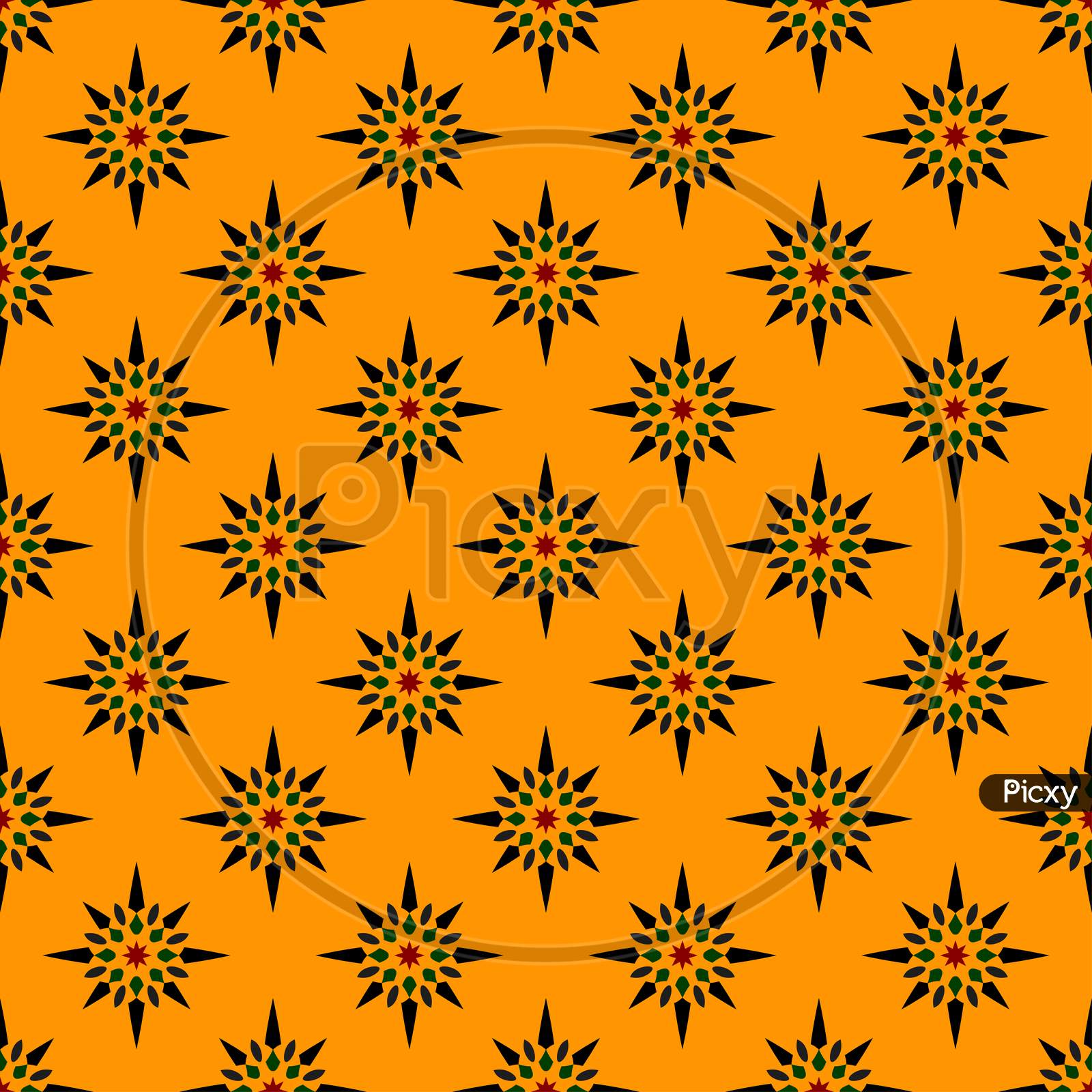 Black Stars Pattern On Orange Seamless Design Backdrop.