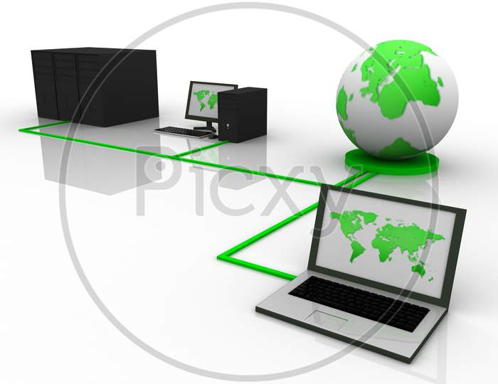 Computer and Laptops Connected to Globe and Databases