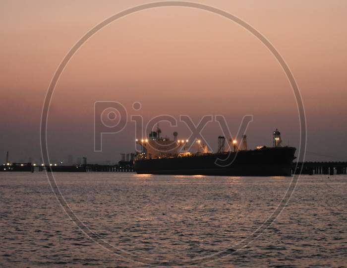 Merchant Ship Standing Near Mumbai Port In Evening