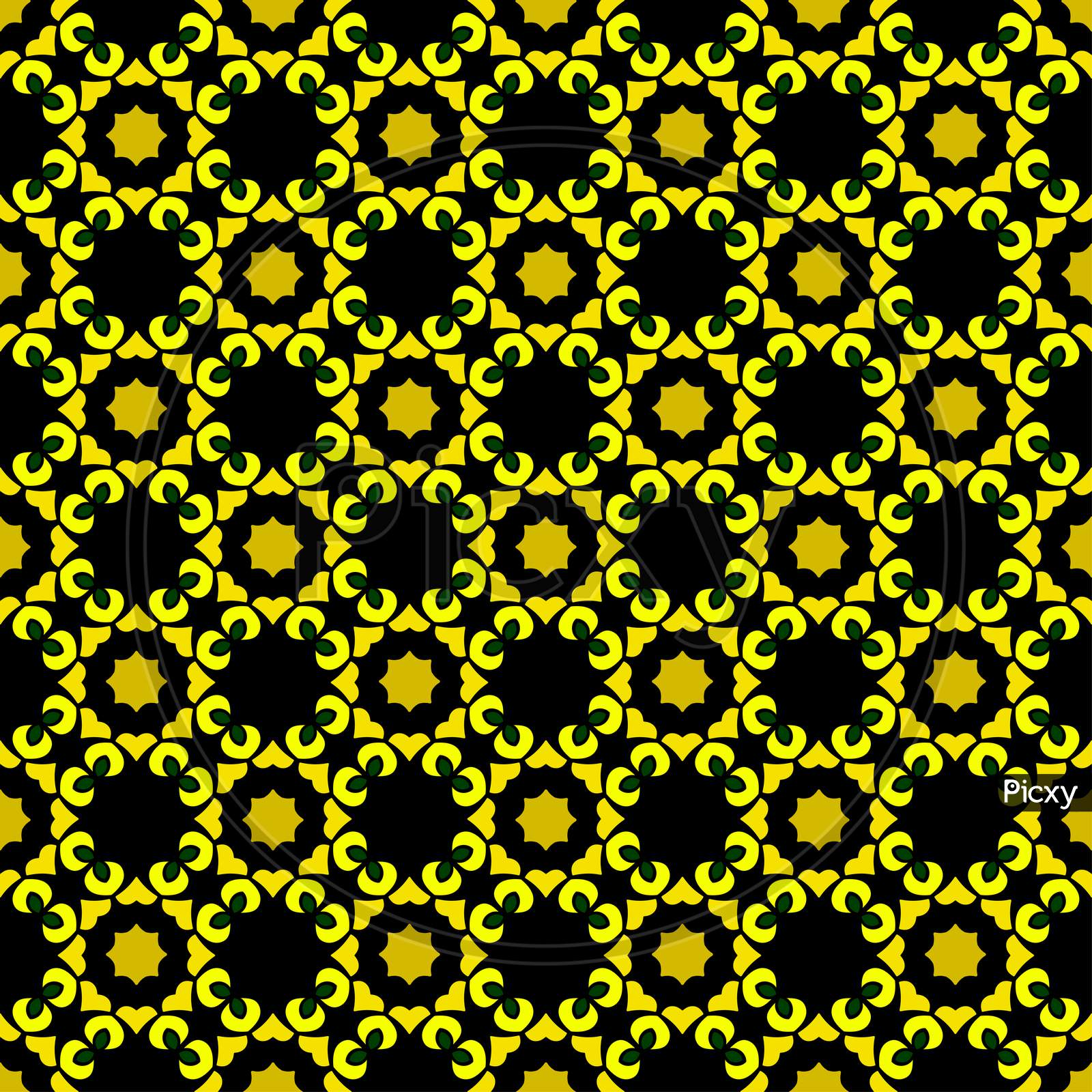 Yellow Pattern On Black Seamless Design Backdrop.
