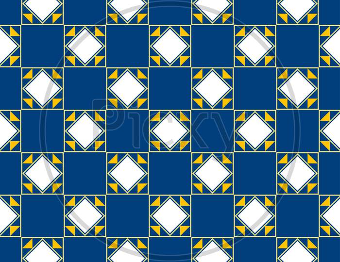 Pattern From Squares And Triangles On Blue Background.