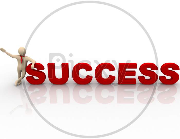 3D Man standing with Success Text