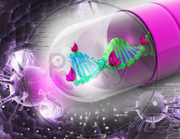 DNA inside a Pill and 3D Render of A Virus outside