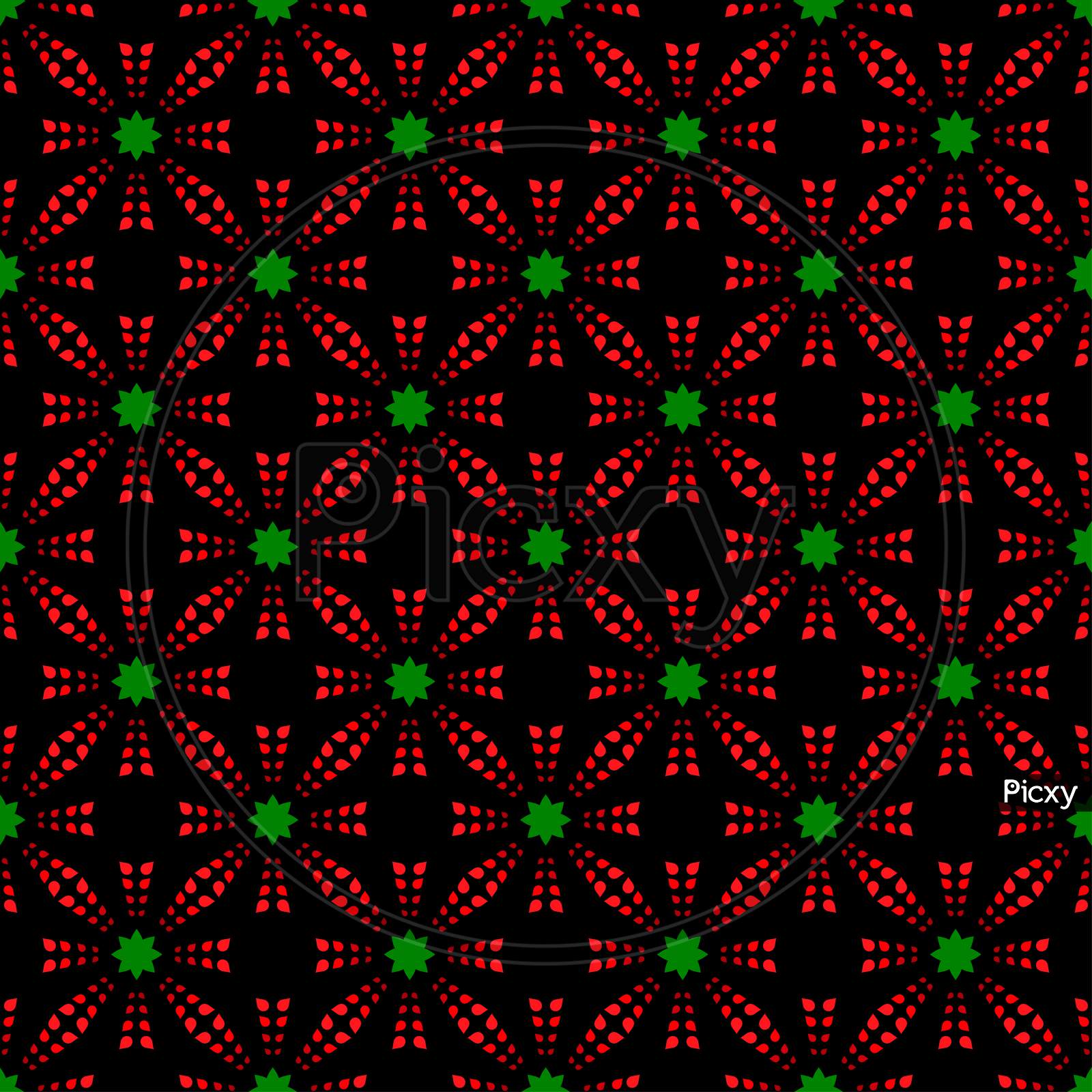 Red Pattern With Green Stars On Black Seamless Background.