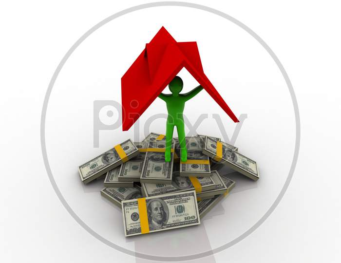 A Man Standing on a Dollar Currency Notes and under a House