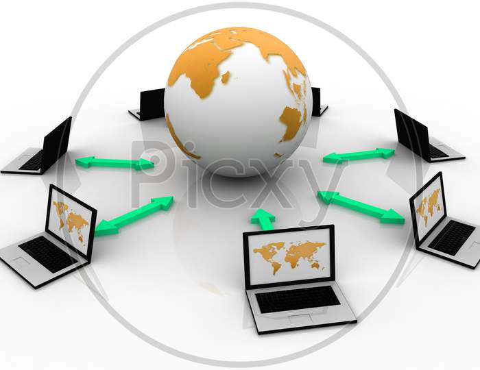 Laptops Connected to a Globe Isolated with White Background