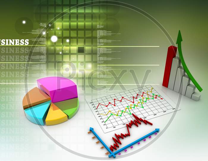 Pie Chart, Success Bar Graph and Fluctuated Graph Charts on Coloured Background