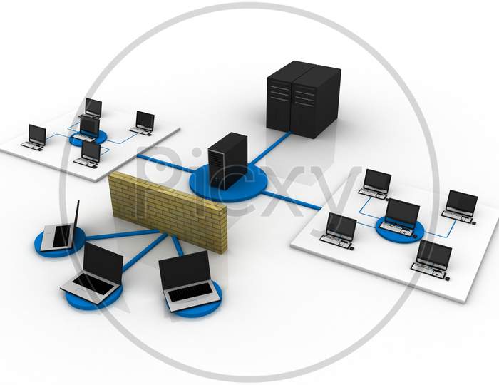 Computers and Laptops connected to Database with Firewall Protection