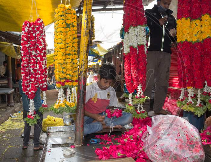 Flower garlands in Mysore Market in Karnataka/India.