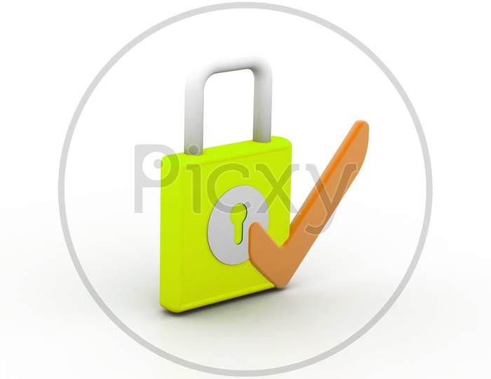 A Lock with Ticked Mark on White Background