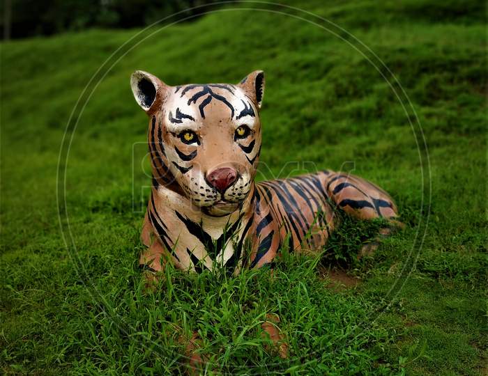 A Tiger Sitting On Grass In A Garden.