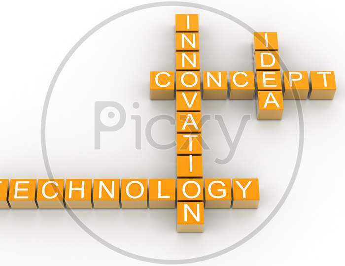 3D Illustration Of Innovation Related Words On Cubes In White Background