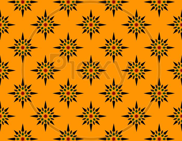 Black Stars Pattern On Orange Seamless Design Backdrop.