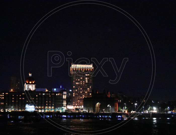 Taj Hotel Near Mumbai Port Captured At Night With Beautiful Lights.