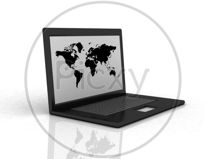 A Laptop with World Map on Screen on White Background