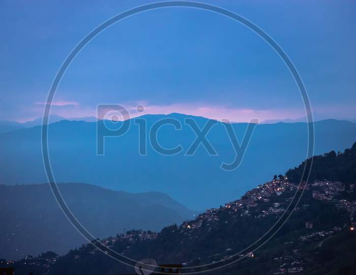 Scenic Darjeeling Evening Mountain View With City Lights