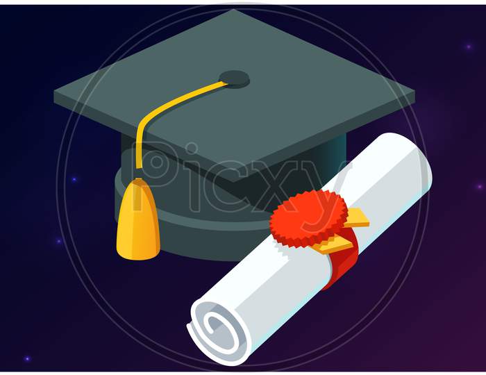 Mock Up Illustration Of Graduation Cap And Certificate On Abstract Background
