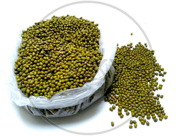 Green Mung Beans Also Know As Mung Dal, Vigna Radiata, Green Beans Or Moong Dal Isolated On White Background