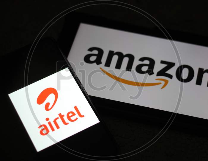 Bharti Airtel Logo with Amazon logo on background
