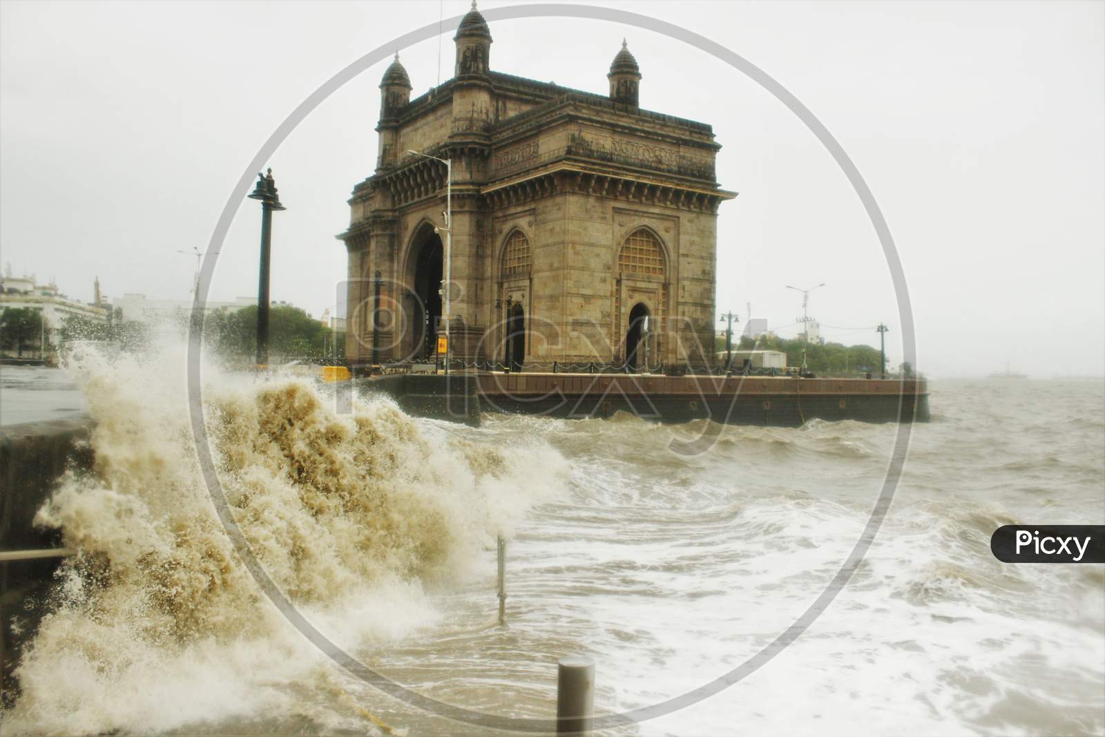Waves crash at the Gateway of India during high tide in Mumbai, India on July 6, 2020.
